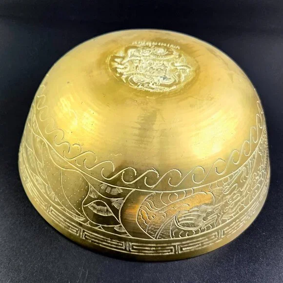 Antique Chinese Brass Bowl – 10 Diameter – Etched – Dragon and Phoenix Design